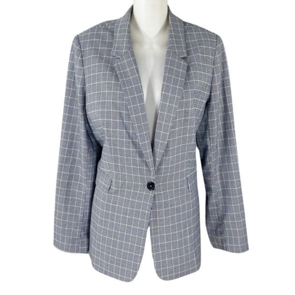 DKNY black white blue houndstooth plaid long blazer jacket 12